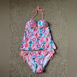 Hula Honey Neon Aztec Tankini Bikini Set - Coral, Teal, Hot Pink